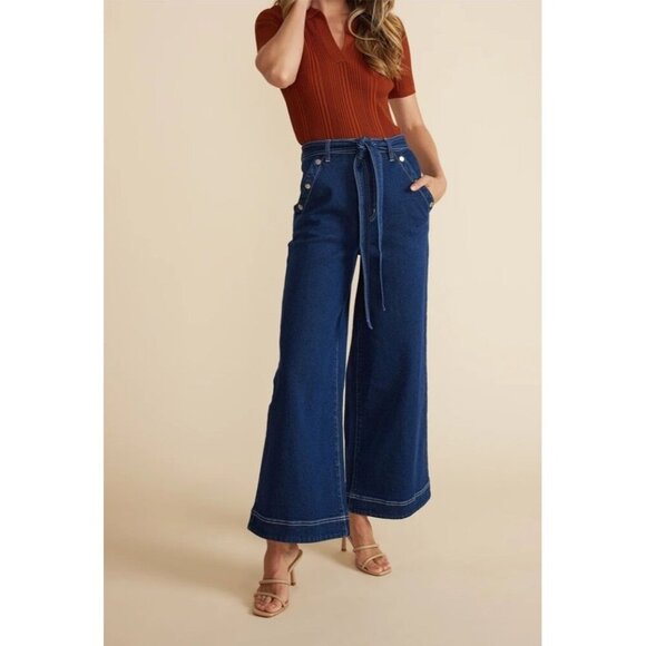 Mink Pink Australian, Wide Leg Jeans, tie belt, dark blue, 29.5 inseam - Picture 1 of 9